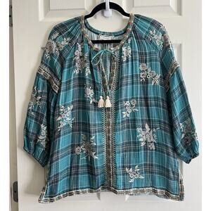 JOHNNY WAS Cotton Blend Gauze Blue Plaid Embroidered Tassel Tunic Blouse Top M